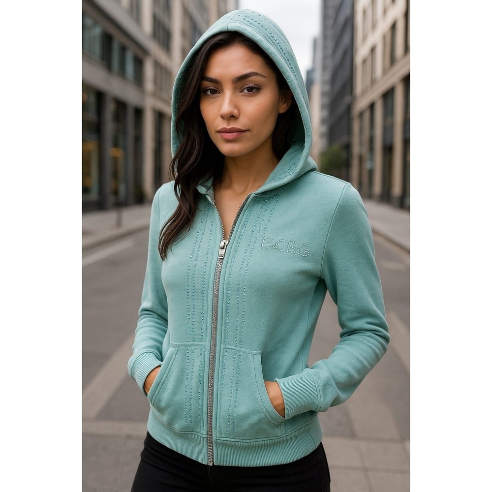 Y2K BCBG Rhinestone Embellished Full Zip Hoodie Jacket Bling‎ Aqua Girl L